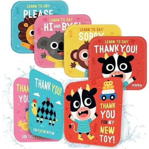 Merka Baby Bath Books for Toddlers - 4 Floatable Waterproof Plastic Books (Thank You, Sorry, Hi Bye, Please)