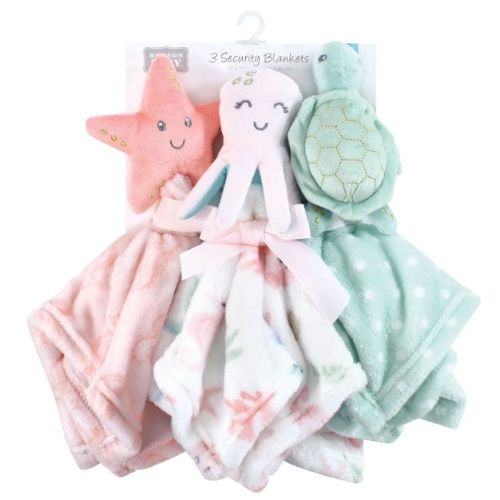 Hudson Baby Girls Animal Face Security Blanket, Pastel Sea 3-Pack, One Size