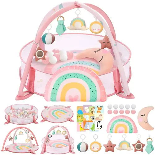 7-in-1 XL Large Baby Play Gym Mat, Tummy Time Mat, Baby Activity Mat, Baby Gym & Ball Pit with Tummy Time Pillow, 10 Balls, Milestone Cards & 6 Detachable Toys Rainbow