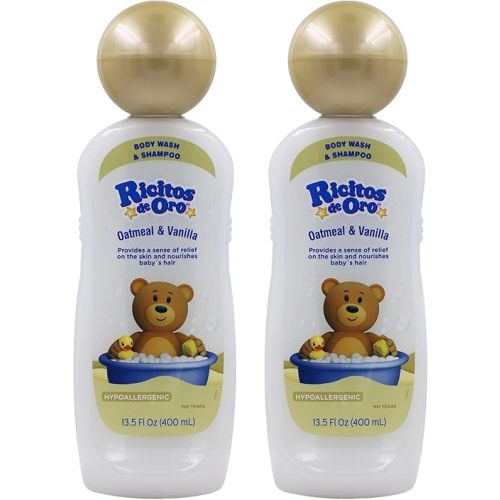 Ricitos de Oro Baby Shampoo and Body Wash, Formula with Oats and Vanilla, Hypoallergenic, Tear-Free Body Wash and Shampoo, 2-Pack of 13.5 Fl Oz Each, 2 Bottles