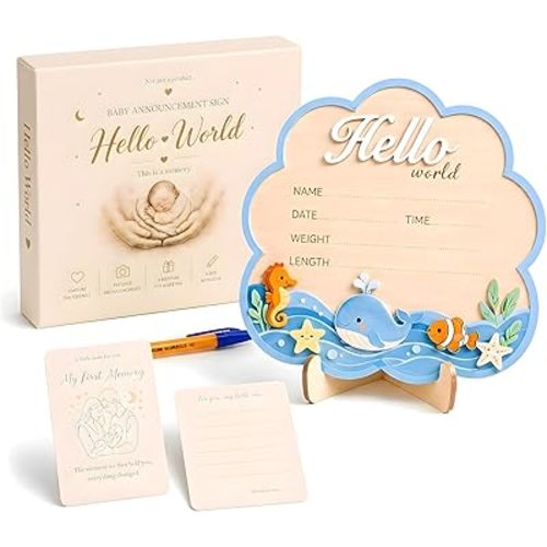 Welcome Baby Sign – 3D Wooden Birth Baby Announcement Sign with Whimsical Ocean Friends, Waves & Sea Life Details for Hospital Pictures, Nursery Keepsakes & Sweet Newborn Photo Props