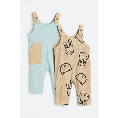 2-pack Cotton Overalls, Beige/Light Turquoise