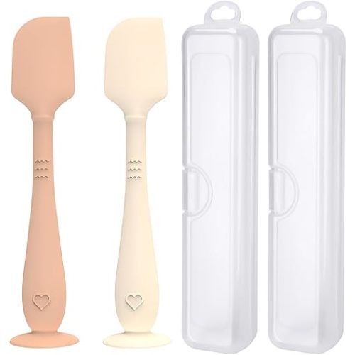 2 Pack Diaper Cream Spatula with Hygienic Travel Case, Butt Spatula Baby with Suction Base, Baby Butt Paste Spatula, Soft Silicone Diaper Rash Cream Applicator Large Size (Brown & Offwhite)