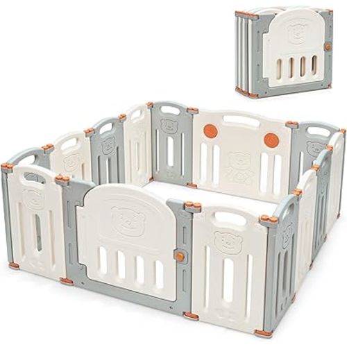 Costzon Baby Playpen, 14-Panel Foldable Large Baby Playard w/Locking Gate, Non-Slip Rubber Bases, Adjustable Shape, Portable Baby Fence Play Area Design for Indoor Outdoor Use (Beige + Gray)