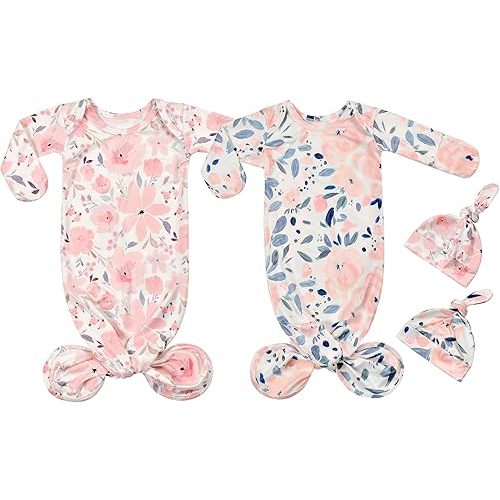 Newborn Baby Cotton Sleeper Knotted Gown with Mittens Long Sleeve Nightgown Coming Home Outfit with Hat 2 Pieces