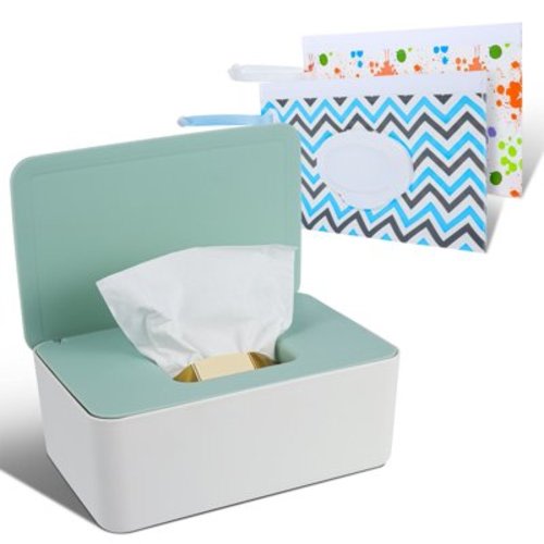 Topekada Refillable Baby Wipe Case,Baby Wipes Dispenser,Wet Wipe Holder with 2 Pcs Portable Travel Wipes Pouch, Diaper Wipes Container with Lids and Sealing Design(Green)