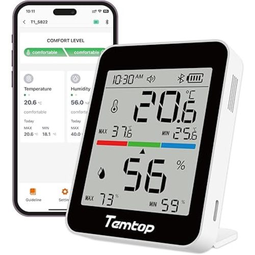 Temtop Humidity Meter T1, Indoor Thermometer for Room Temperature, Bluetooth Hygrometer with Notification Alerts, Data Export, Digital Gauge for Home, Office, Greenhouse, Garage, Baby Nursery, Gift