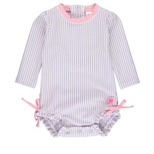 RuffleButts Infant Seersucker Long Sleeve Rash Guard One Piece - Banana , Size: 0-3m