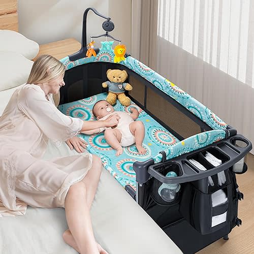Baby Bassinet Bedside Crib 5 in 1 with Detachable Changing Table, Pack and Play with Mattress, Storage, Music and 3 Adjustable Height, Portable Large Playard for Newborn Baby