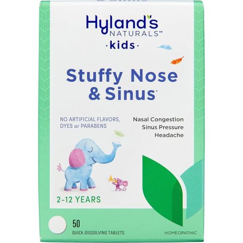 Hyland's Kids Stuffy Nose and Sinus Tablets, Cold Medicine for Children Ages 2 and up, Headache Relief and Nasal Decongestant, Quick Dissolving Tablets, 50 Count