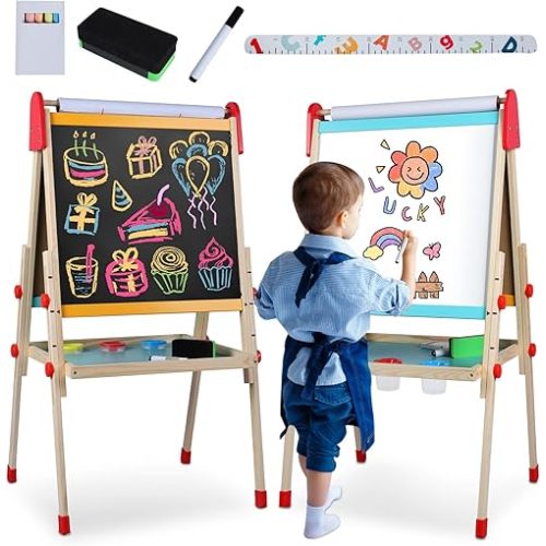 Art Easel for Kids Easel for Toddlers, Adjustable Toddler Art Easels, Magnetic White Board&Chalk Board with Art Supplies for Toddlers Boys&Girls,Wooden Art Easel for Kids Ages 3-12 with Paper Roll