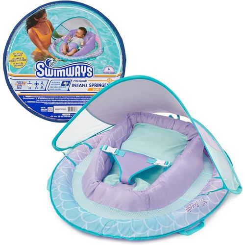 SwimWays Infant Spring Float, Baby Pool Float with Canopy & UPF Protection, Swim Training PFD, Swimming Pool Accessories for Babies 3-9 Months