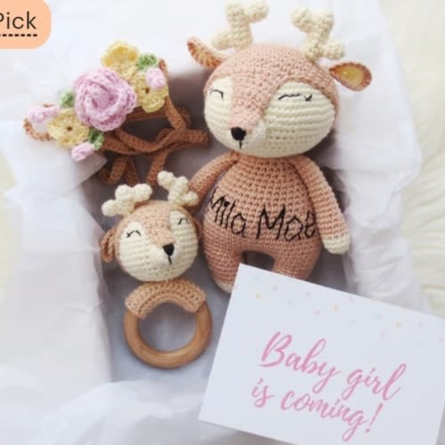 Personalized stuffed deer and floral headband Newborn photo prop Woodland animals Crochet toys for baby girl New niece gift Kids valentine