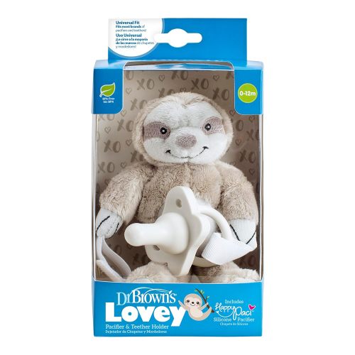 Dr. Brown's Baby Lovey Pacifier & Teether Holder, Sloth with Grey HappyPaci, 100% Silicone, 0-6m