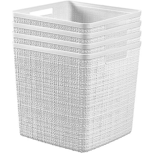 Curver Jute Decorative Plastic Organization and Storage Basket Perfect Bins for Home Office, Closet Shelves, Kitchen Pantry and All Bedroom Essentials, White, Large Cube, Set of 4