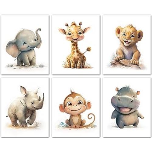 Happy Safari Animal Nursery Wall Art Decor Set - Posters (8 x 10 Unframed) - Kids Baby Room Decor Neutral Prints Boy Girl Canvas - Jungle Animals Set