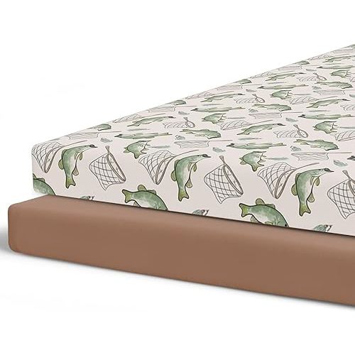 Pobibaby - 2 Pack Premium Pack N Play Sheets Fitted for Standard Pack and Plays and Mini Cribs - Ultra-Soft Jersey Knit, Stylish Floral Pattern, Safe and Snug for Baby (Gone Fishing)