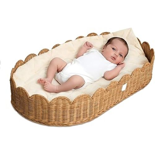 BEBE BASK Premium Baby Changing Basket - Artisan-Crafted Scalloped Rattan - Changing Basket for Baby Dresser - All Accessories Included - Complete Set for Nursery (Mocca)