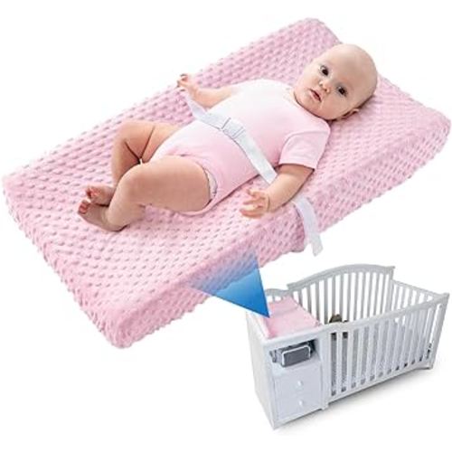 LOONAH Compact Small Changing Pad with Cover - 27" X 16" Contoured Baby Diaper Changing Pad for Combo Crib with Changing Table-Waterproof & Hypoallergenic, Safety Strap with Quick-Release Buckle-Pink