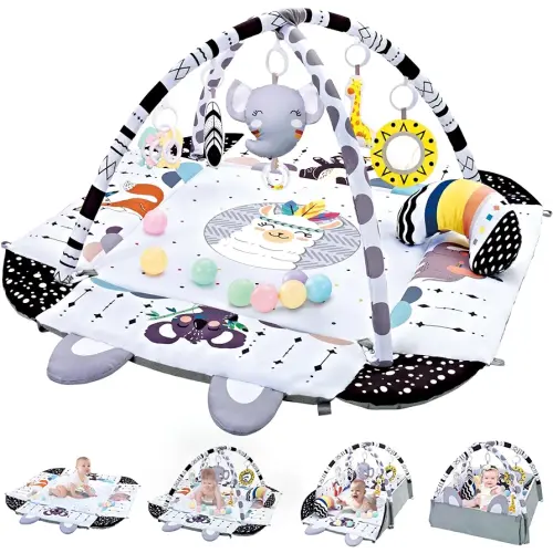 Baby Gym Play Mat, 8-in-1 Tummy Time Mat & Activity Gym, Washable Ball Pit with 18 Balls, Infant Play Mat with Detachable Toys for Sensory Exploration and Motor Skill Development, Gifts for Baby