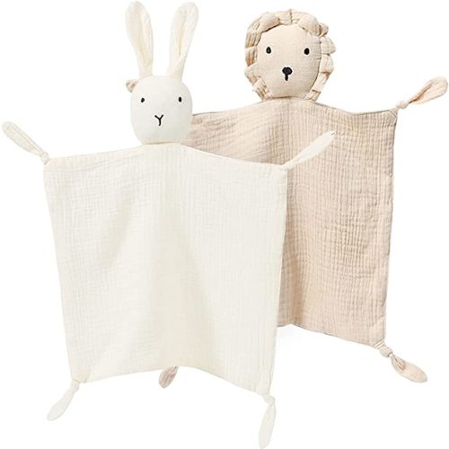 Organic Cotton Muslin Lovey Blanket, Organic Cotton Muslin Bunny & Lion Security Blanket Soft & Breathable Lovie Baby Gifts for Boys and Girls (Beige Bunny/Khaki Lion) - Beige Bunny/ Khaki Lion