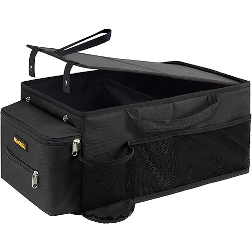 Car Seat Organizer-Car Organizer Front Seat Back Seat,Car Organizers and Storage,Passenger Seat Organizer with Lid Tissue Box Cup Holder & 7 Mesh Pockets, Road Trip Essentials for Kids
