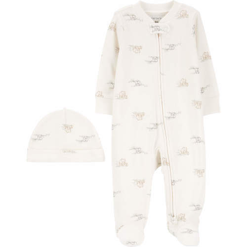 Baby 2-Piece 2-Way Zip Elephant Cotton Sleep & Play & Cap Set - Style,Ivory
