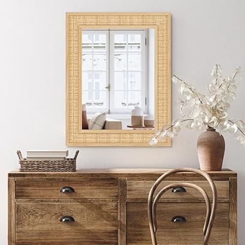 Rattan Wall Mirror with Wooden Framed 22 X 28 inch Farmhouse Rectangle Wood Mirror for Wall Decor Bathroom, Living Room, Entryway, Bedroom