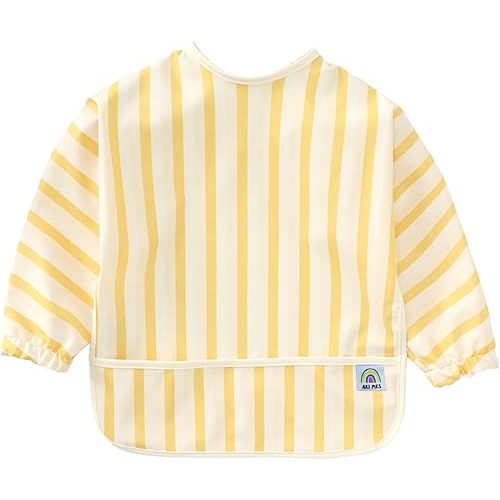 ARI MES Long Sleeves Waterproof Baby Bibs for Eating - Yellow Stripes, Small - Wearable, Coverall for Toddler, Long Sleeve Bib, Smock Apron for Feeding - Applicable for 6-72 Months