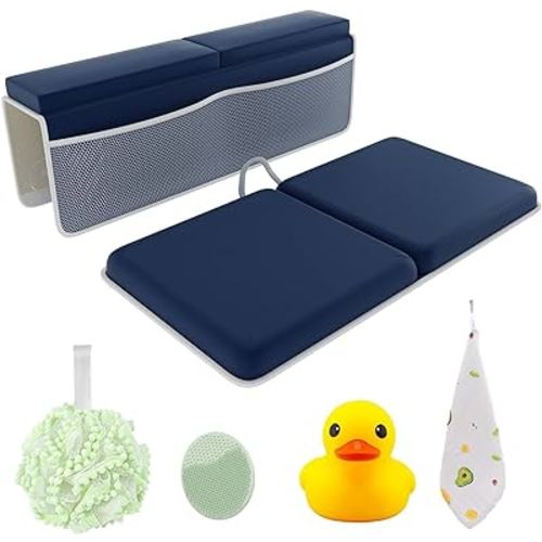 Sleepah Bath Kneeler and Elbow Kneeling Rest Pad Set for Baby Bathing – Waterproof Soft Memory Foam Mat Organizer Babies & Toddler Bathing Time Toys Sponge (Blue)