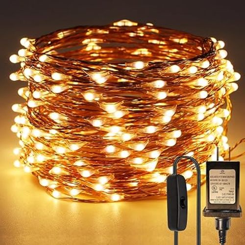 RUICHEN Plug in Fairy String Lights with Switch, Waterproof 66 Ft 200 LED Copper Wire Firefly Lights for Christmas, Parties, Wedding, Ceiling, Craft, Vases, Warm White