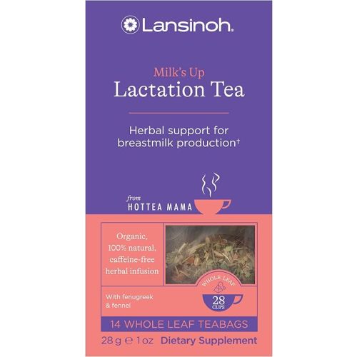 Lansinoh + HotTea Mama Milk's Up, Breastfeeding and Lactation Support Tea, Fenugreek, Fennel, Anise Seed, Caffeine-free, Sugar-Free, Postpartum Essentials for New Moms, Includes 14 Tea Sachets