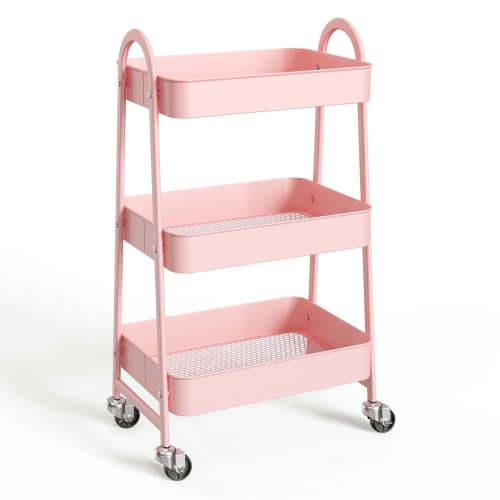 ZUNMOS 3 Tier Utility Rolling Cart, Metal Mobile Storage Cart with Lockable Caster Wheels, Storage Shelves Organizer Cart for Livingroom, Bathroom, Kitchen, & Narrow Places, Pink