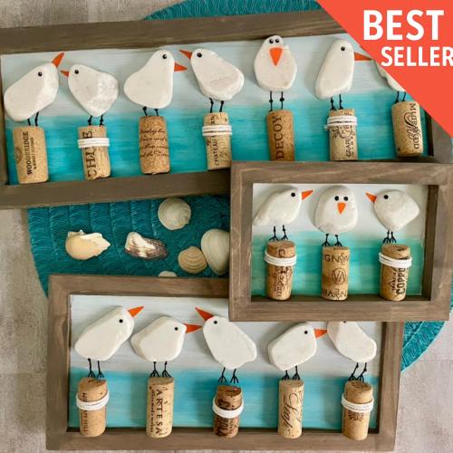 Coastal Seagull Friends Wall Art – Beach House Decor – River Rock Bird Gang – Funny Handmade Gift – Free U.S. Shipping – Personalize It!