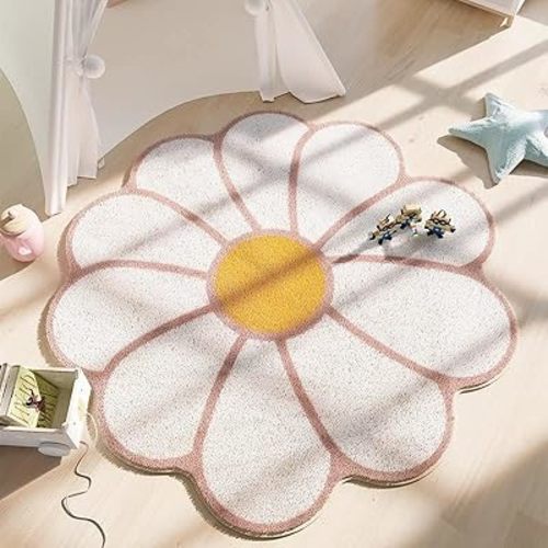 Poowe Pink White Flower Shaped Round Rug for Bedroom Living Room, Fluffy Circular Washable Nursery Rugs for Kids Room Nonslip Indoor Floor Mat for Entryway-47.2" Round