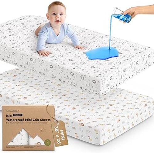 2-Pack Waterproof Pack and Play Sheets, Mini Crib Sheets Fitted for Boy, Girl - 38 x 26 Viscose from Bamboo Pack N Play Mattress Sheets for Graco, Toddler Playard Baby Crib Sheets Neutral (KeaSafari)