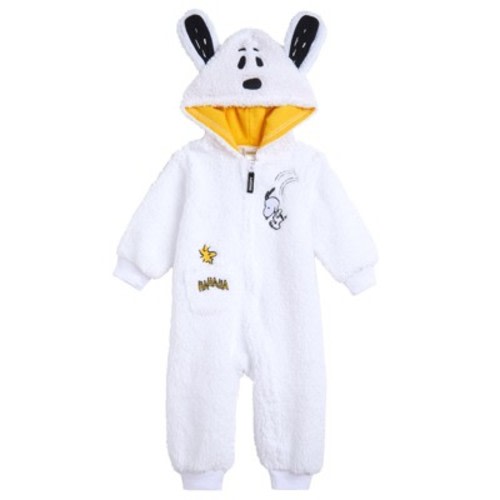 Snoopy Peanuts Woodstock Newborn Baby Boys Cozy Faux Sherling Zip Up Cosplay Coverall White 0-3 Months