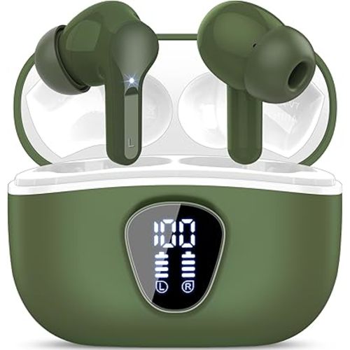 Wireless Earbuds, Bluetooth 5.3 Headphones HiFi Stereo, Bluetooth Earbuds with ENC Noise Cancelling Mic, IP7 Waterproof in Ear Earphones, 48H, LED Display Ear buds for Pad Workout Sports, Retro Green