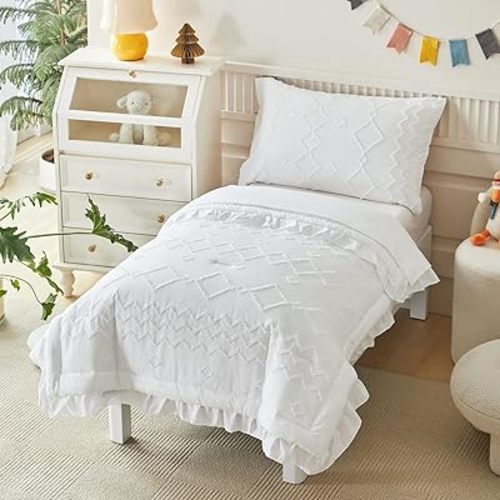 AIKASY Toddler Bedding Set 4 Pieces Super Soft Comforter Set, Shabby Boho Bohemian Design for Boys and Girls(Ruffle Fringe Comforter, Flat Sheet, Fitted Sheet and Pillowcase)- White