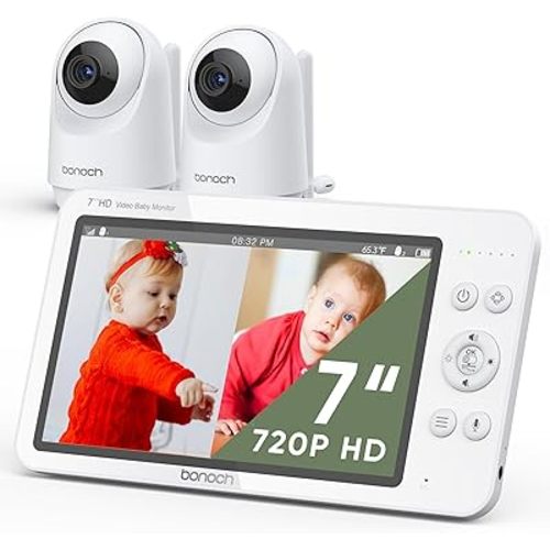bonoch MegaView Baby Monitor with 2 Cameras, 7" 720P HD Split Screen Baby Monitor No WiFi, Video Monitor with Camera and Audio, 6000mAh, VOX Mode, 2 Way Audio, Remote PTZ, Night Vision, White Noise
