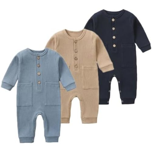 BeiVSlley Newborn Baby Boys Girl 2/3 Pack Knit Romper Long-Sleeve Onesies Waffle Henley Solid Cotton Outfit Jumper Clothes