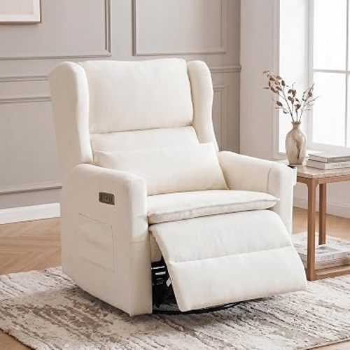 Power Recliner Chair Swivel Glider, Oversized Swivel Rocker Recliner with Adjustable Headrest,Comfy Chenille Glider Rocking Nursery Chair with Overstuffed Lumbar Support, USB Ports, White