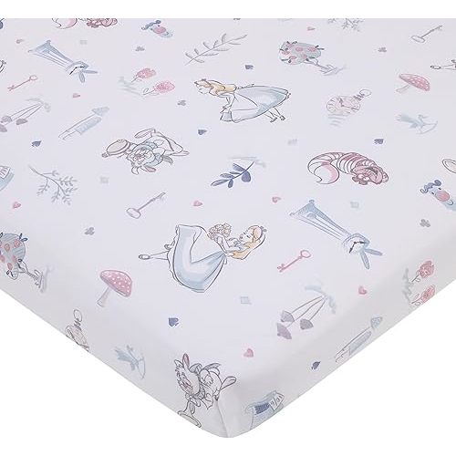 Disney Alice in Wonderland Light Blue, Pink, and White, Rabbit, and Cheshire Cat Super Soft Nursery Fitted Mini Crib Sheet