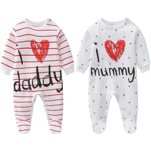 2-Pack Baby Clothes Newborn Bodysuits I Love Daddy &Mummy Romper, Cotton Footed Pajamas for Baby Boys and Girls