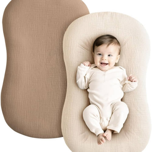 Konssy Muslin Baby Lounger Cover 2 Pack, 100% Cotton Newborn Lounger Cover, Soft and Breathable Baby Nest Slipcover for Boys Girls (Brown,Wheat)