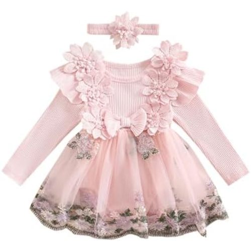 Giraropa Newborn Baby Girl Winter Clothes Ruffle Long Sleeve Romper Dress Lace Tulle Tutu Dress Cute Baby Girl Fall Outfits