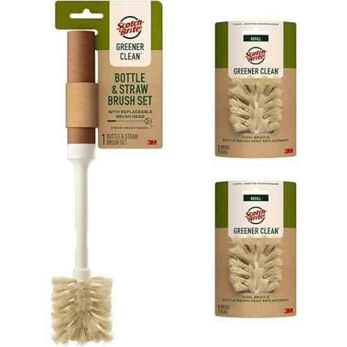 Scotch-Brite Greener Clean Bottle & Straw Brush Set, Includes 2 Replaceable Bottle Brush Heads, Safe on Insulated Mugs, Water Bottles, Glassware, Food Processors & blenders, Cleanse in Dishwasher