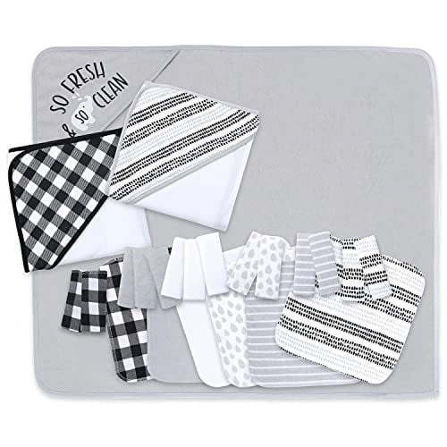 Peanutshell Infant Soft Cotton Washcloth, Hooded Baby Towels, 23pc Bath Set, Black & White Plaid/Stripe