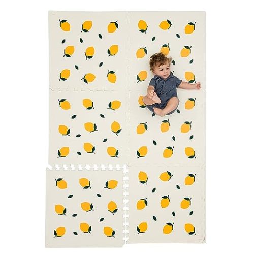 CHILDLIKE BEHAVIOR XL Baby Play Mats, 72”x48” Puzzle with 9 Foam Tiles, Crawling Mat with Interlocking Tiles, 24”x24” Puzzle Mat Pieces, Neutral Playmat for Toddlers & Infants Play Pen - Lemons - 72x48 Inch