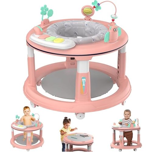 Baby Walker with 5 Adjustable Heights, Baby Walkers and Activity Center for Boys Girls Babies 6-12 Months, Features 360 Degree Swivel Seat, Music, Detachable Toys, Bounce Foot pad(Pink)…